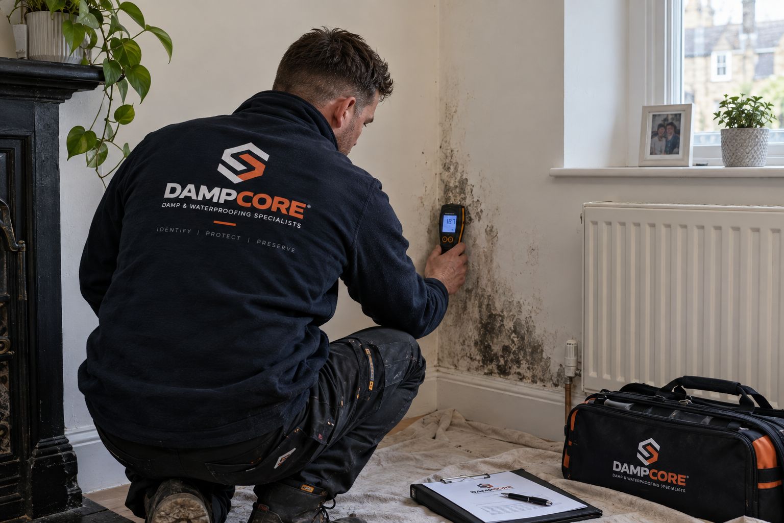 DAMPCORE surveyor taking a moisture meter reading on a mould-affected wall in a Leeds terrace
