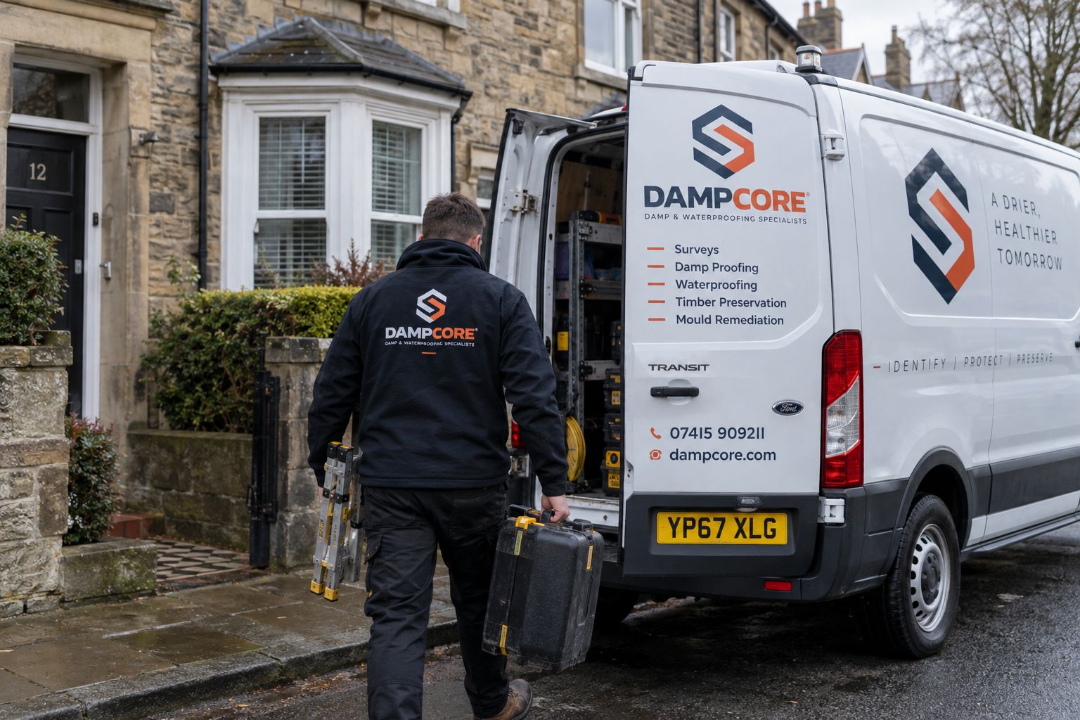 Illustrative photo: DAMPCORE technician arriving at a property callout
