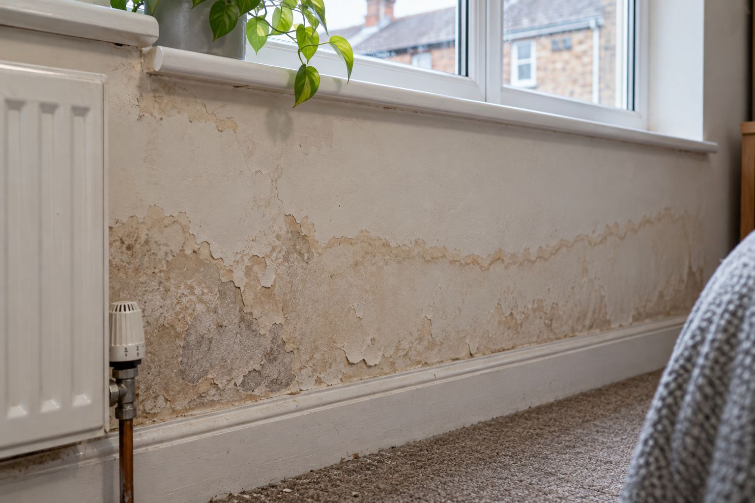 Close-up of rising damp tide-mark staining and peeling plaster above a skirting board